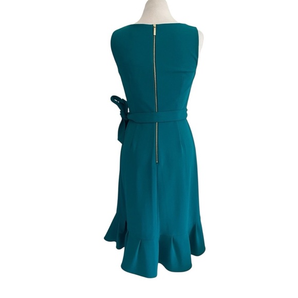 Calvin Klein ruffle sheath dress tie waist flounce hem size 4 teal - Picture 8 of 13